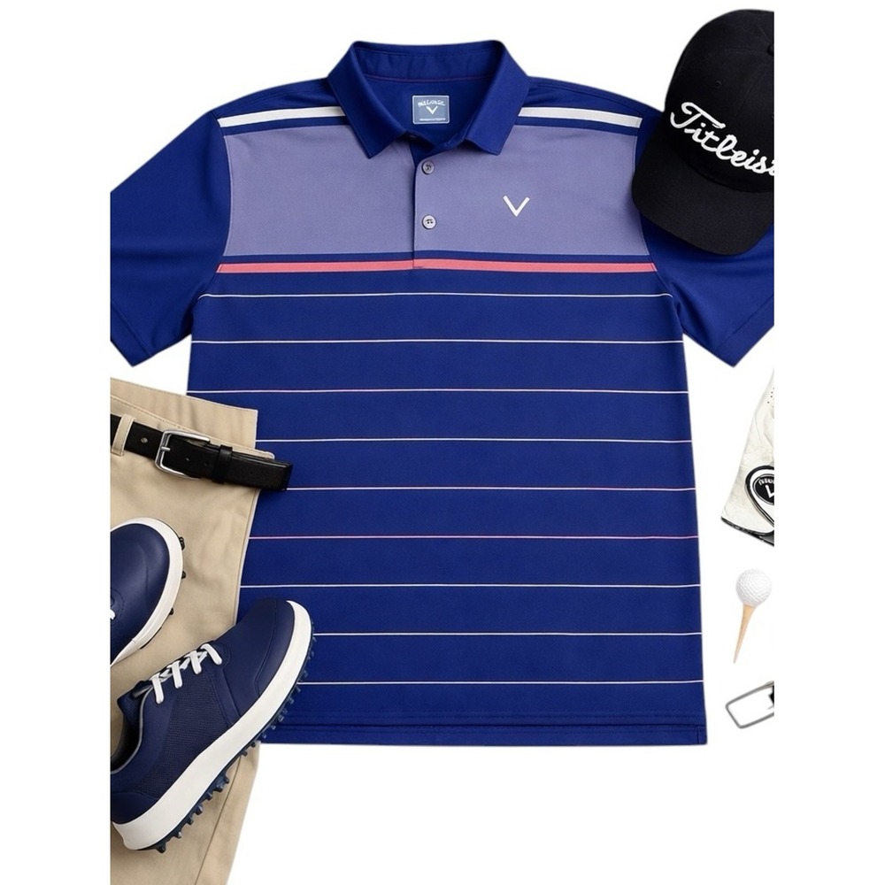 Callaway Opti Dri Polo Mens XL Blue Purple Striped Performance Golf EUC